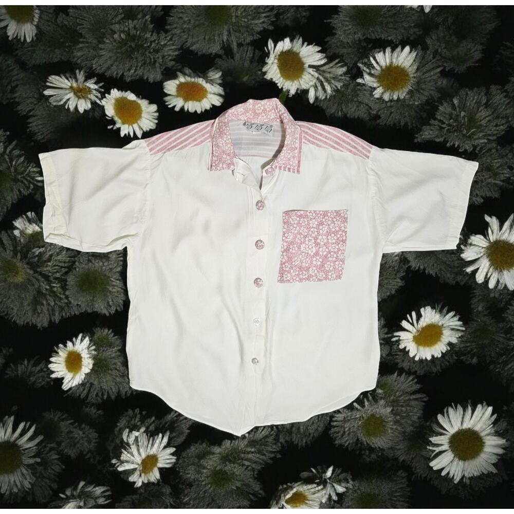 Vtg Try 1 Button-Up Top USA Pink White Floral Striped Colorblock Womens M 80s